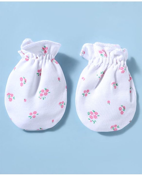 Babyhug 100% Cotton Knit Floral Printed Cap Mittens & Booties Set White - Diameter 15 cm
