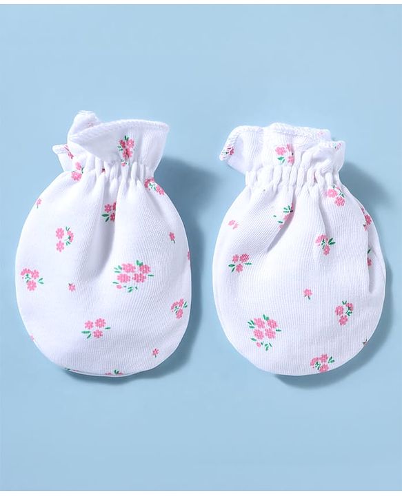 Babyhug 100% Cotton Knit Floral Printed Cap Mittens & Booties Set White - Diameter 15 cm