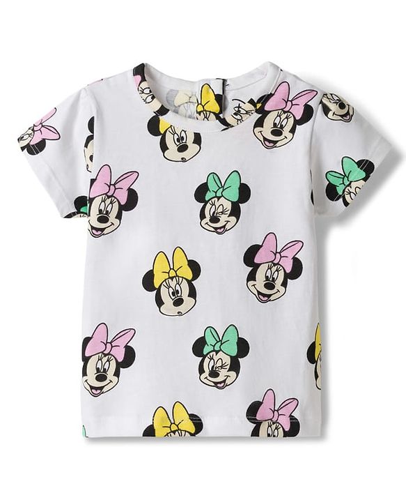 Babyhug Disney Single Jersey Knit Half Sleeves T-Shirt & Denim Skirt Set With Minnie Mouse Graphics - Multicolor