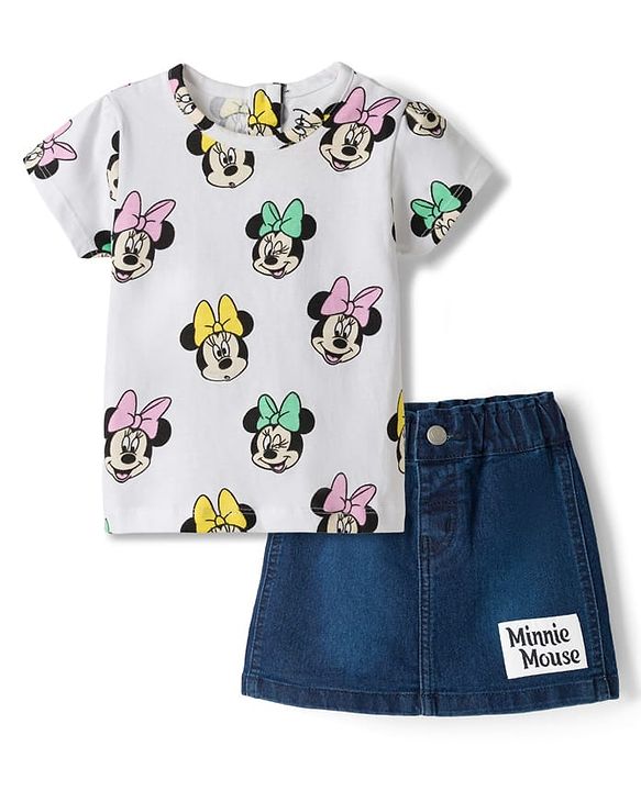 Babyhug Disney Single Jersey Knit Half Sleeves T-Shirt & Denim Skirt Set With Minnie Mouse Graphics - Multicolor
