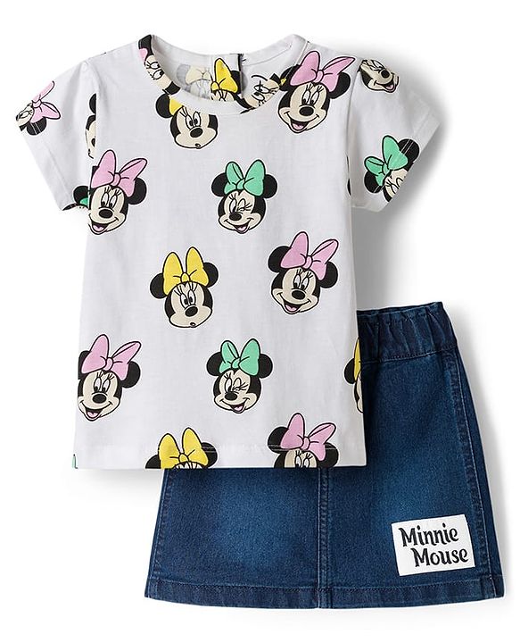 Babyhug Disney Single Jersey Knit Half Sleeves T-Shirt & Denim Skirt Set With Minnie Mouse Graphics - Multicolor