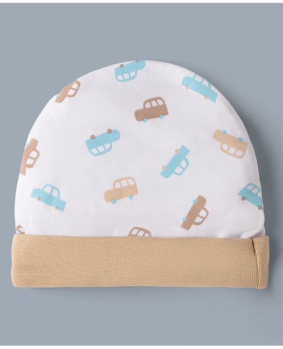 Babyhug 100% Cotton Interlock Knit Cap Mittens & Booties with Vehicle Print White & Beige - Diameter 12 cm