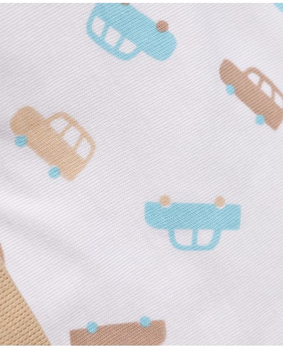 Babyhug 100% Cotton Interlock Knit Cap Mittens & Booties with Vehicle Print White & Beige - Diameter 12 cm