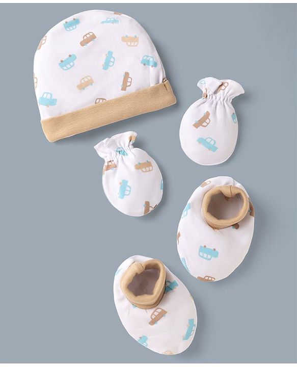 Babyhug 100% Cotton Interlock Knit Cap Mittens & Booties with Vehicle Print White & Beige - Diameter 12 cm