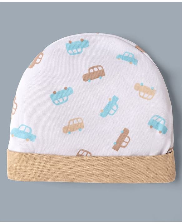 Babyhug 100% Cotton Interlock Knit Cap Mittens & Booties with Vehicle Print White & Beige - Diameter 12 cm