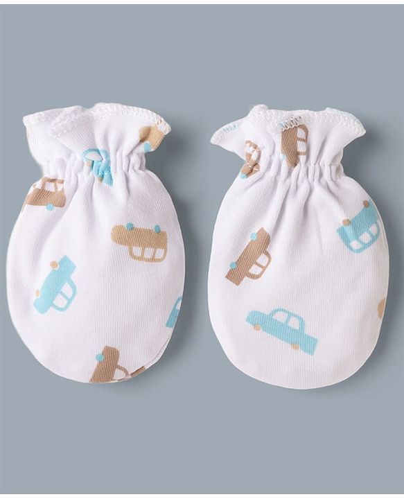 Babyhug 100% Cotton Interlock Knit Cap Mittens & Booties with Vehicle Print White & Beige - Diameter 12 cm