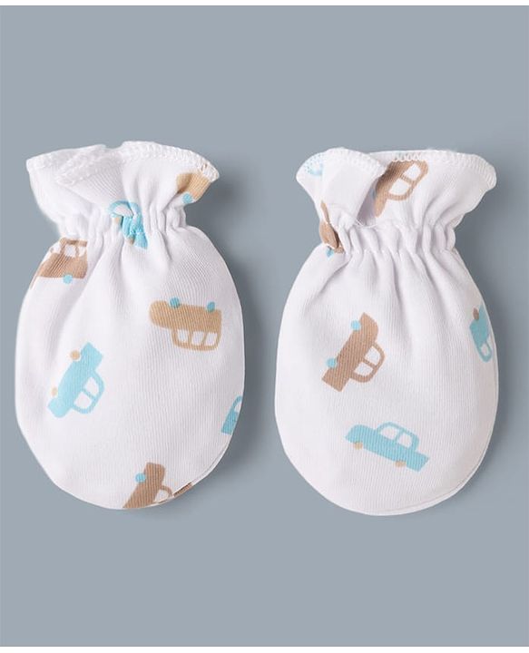 Babyhug 100% Cotton Interlock Knit Cap Mittens & Booties with Vehicle Print White & Beige - Diameter 12 cm
