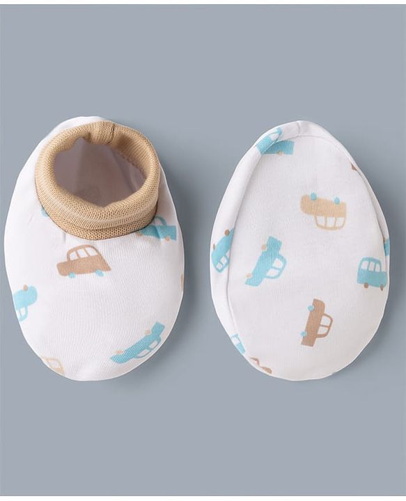 Babyhug 100% Cotton Interlock Knit Cap Mittens & Booties with Vehicle Print White & Beige - Diameter 12 cm