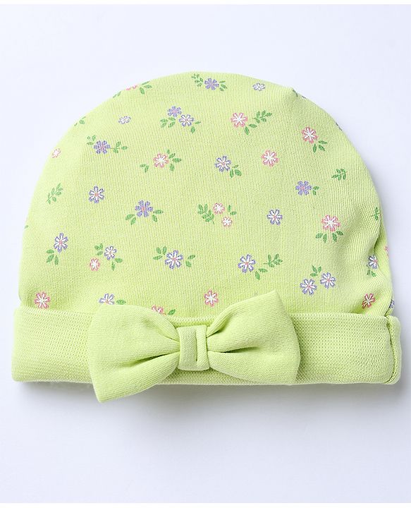 Babyhug 100% Cotton Interlock Knit Caps Mittens & Booties with Bow Applique & Floral Print Light Green - Diameter 15 cm