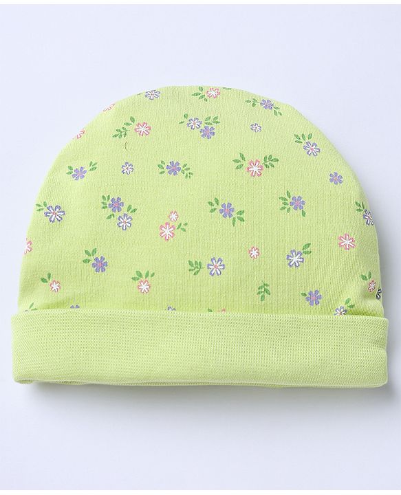 Babyhug 100% Cotton Interlock Knit Caps Mittens & Booties with Bow Applique & Floral Print Light Green - Diameter 15 cm