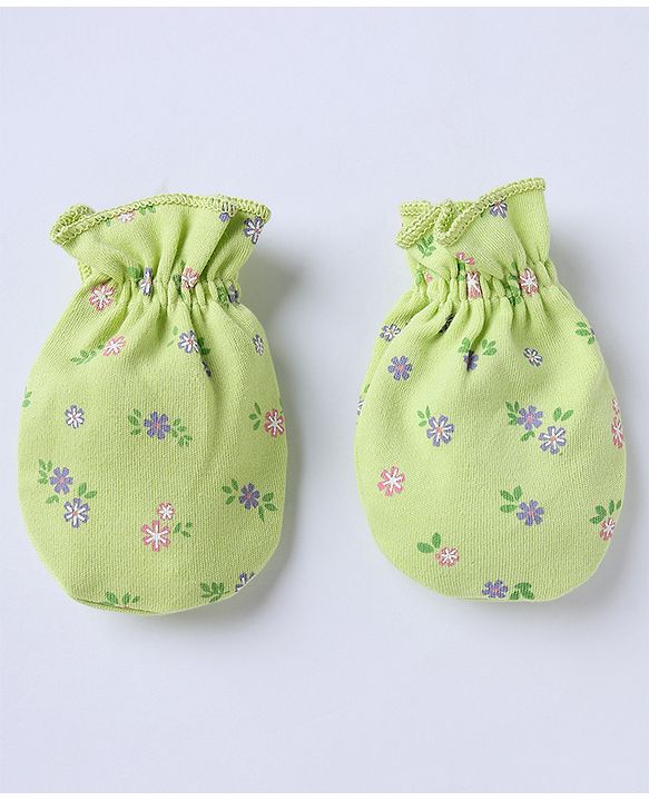 Babyhug 100% Cotton Interlock Knit Caps Mittens & Booties with Bow Applique & Floral Print Light Green - Diameter 15 cm