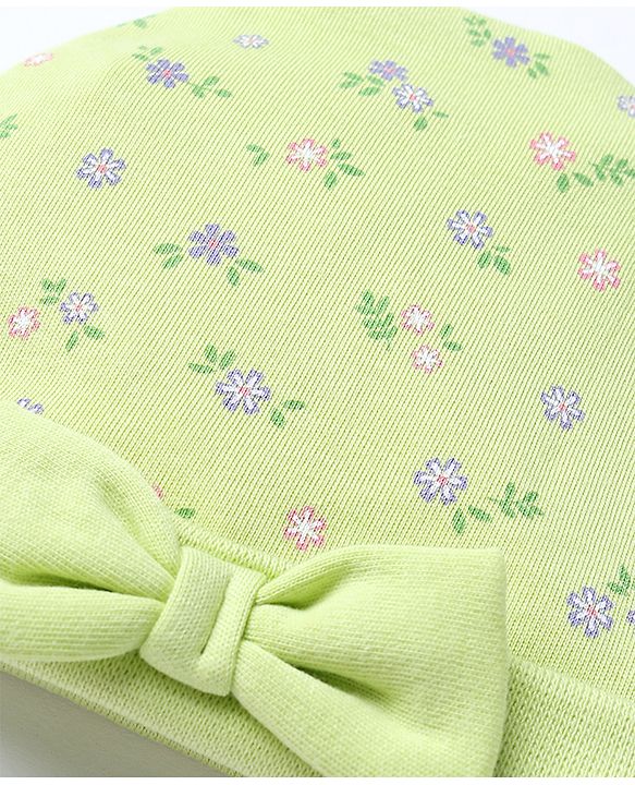 Babyhug 100% Cotton Interlock Knit Caps Mittens & Booties with Bow Applique & Floral Print Light Green - Diameter 15 cm