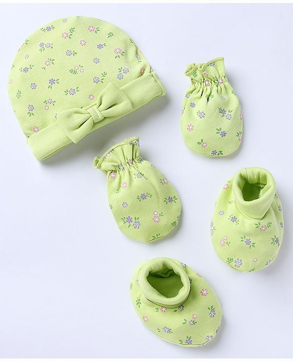 Babyhug 100% Cotton Interlock Knit Caps Mittens & Booties with Bow Applique & Floral Print Light Green - Diameter 15 cm