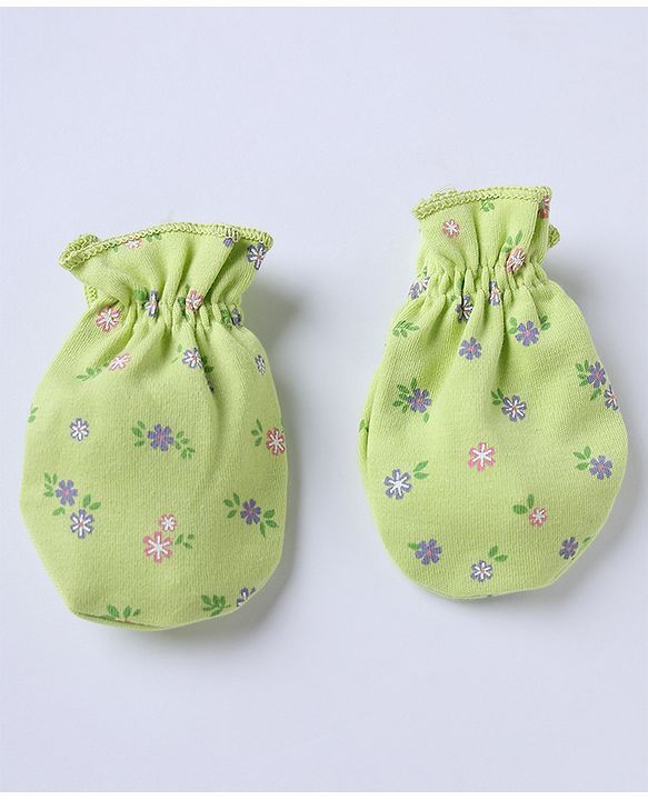 Babyhug 100% Cotton Interlock Knit Caps Mittens & Booties with Bow Applique & Floral Print Light Green - Diameter 15 cm