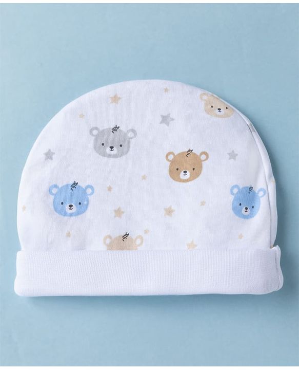 Babyhug 100% Cotton Interlock Knit Cap Mittens & Booties Set With Teddy Bear Print White -Diameter 10.5 cm