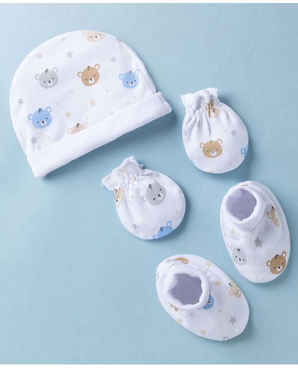 Babyhug 100% Cotton Interlock Knit Cap Mittens & Booties Set With Teddy Bear Print White -Diameter 10.5 cm