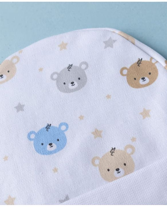 Babyhug 100% Cotton Interlock Knit Cap Mittens & Booties Set With Teddy Bear Print White -Diameter 10.5 cm