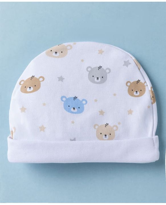 Babyhug 100% Cotton Interlock Knit Cap Mittens & Booties Set With Teddy Bear Print White -Diameter 10.5 cm