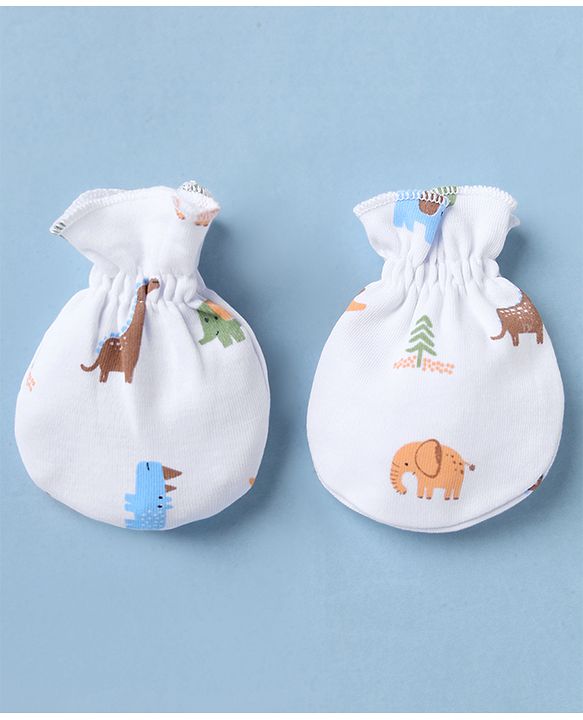 Babyhug 100% Cotton Interlock Knit Caps Mittens & Booties with Elephant Dinosaur Print White - Diameter 14.5 cm