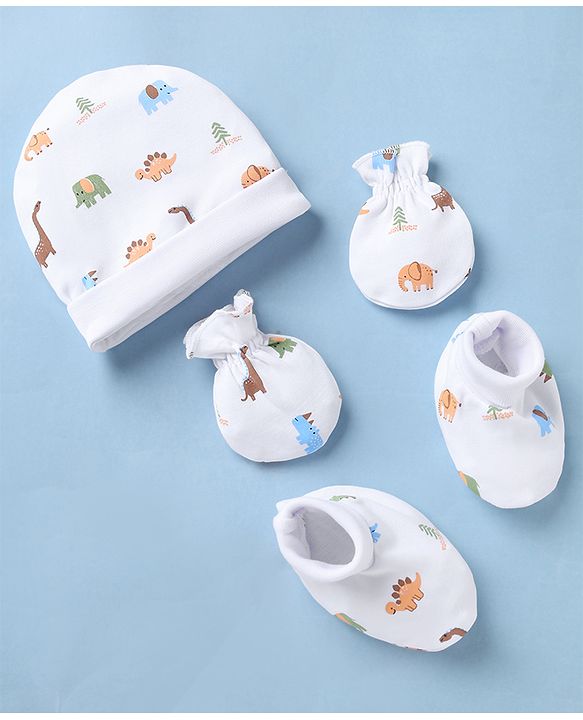 Babyhug 100% Cotton Interlock Knit Caps Mittens & Booties with Elephant Dinosaur Print White - Diameter 14.5 cm