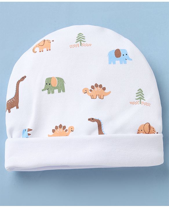 Babyhug 100% Cotton Interlock Knit Caps Mittens & Booties with Elephant Dinosaur Print White - Diameter 14.5 cm