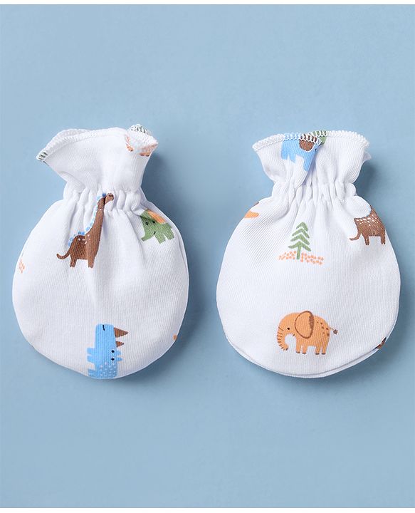 Babyhug 100% Cotton Interlock Knit Caps Mittens & Booties with Elephant Dinosaur Print White - Diameter 14.5 cm