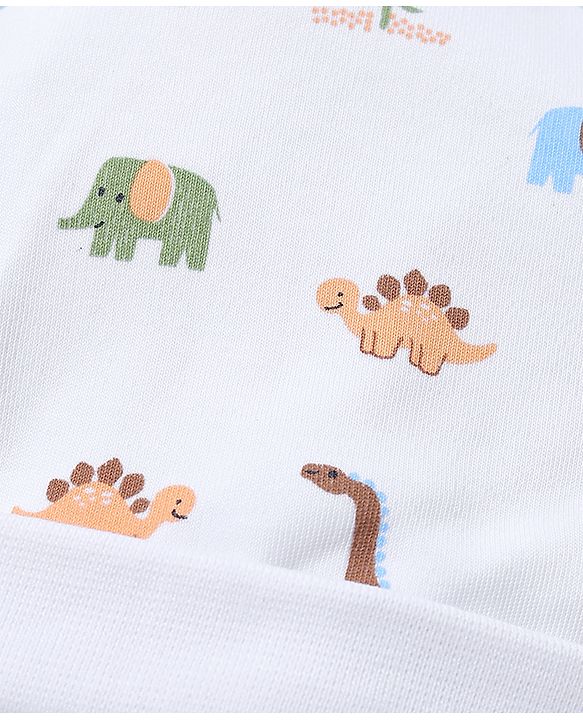 Babyhug 100% Cotton Interlock Knit Caps Mittens & Booties with Elephant Dinosaur Print White - Diameter 14.5 cm