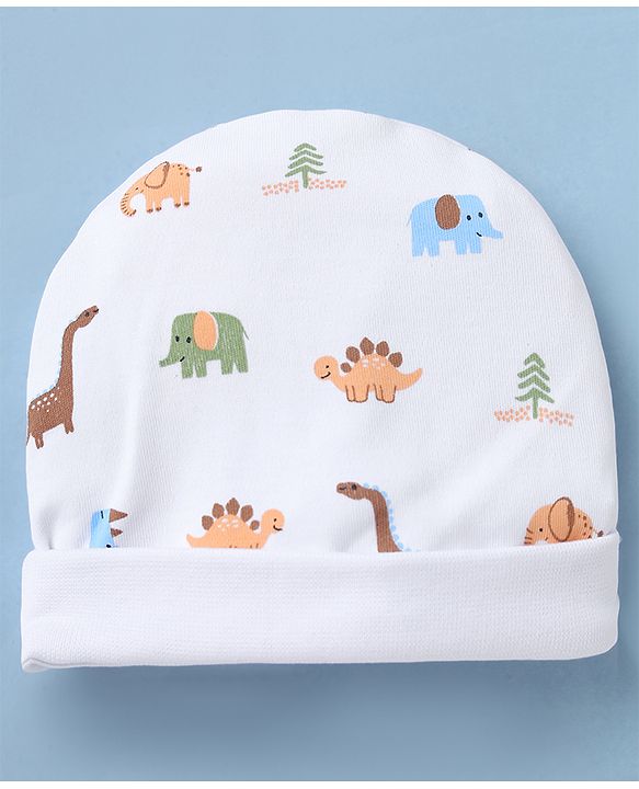 Babyhug 100% Cotton Interlock Knit Caps Mittens & Booties with Elephant Dinosaur Print White - Diameter 14.5 cm