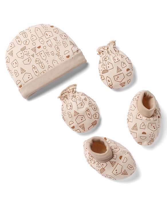 Babyhug 100% Cotton Interlock Knit Cap, Mittens & Booties with Abstract Print Beige - Diameter 14.5 cm