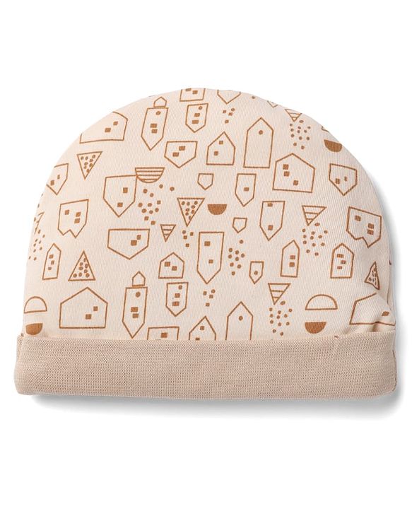 Babyhug 100% Cotton Interlock Knit Cap, Mittens & Booties with Abstract Print Beige - Diameter 14.5 cm