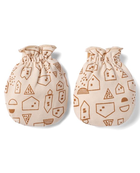 Babyhug 100% Cotton Interlock Knit Cap, Mittens & Booties with Abstract Print Beige - Diameter 14.5 cm