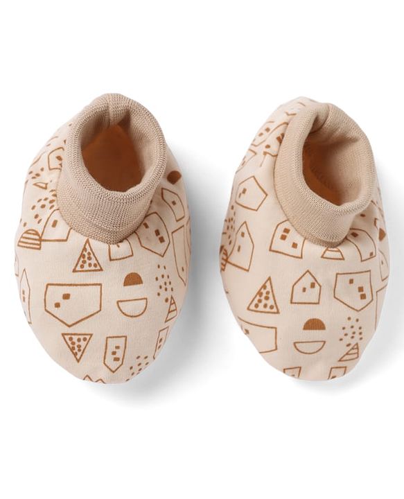 Babyhug 100% Cotton Interlock Knit Cap, Mittens & Booties with Abstract Print Beige - Diameter 14.5 cm