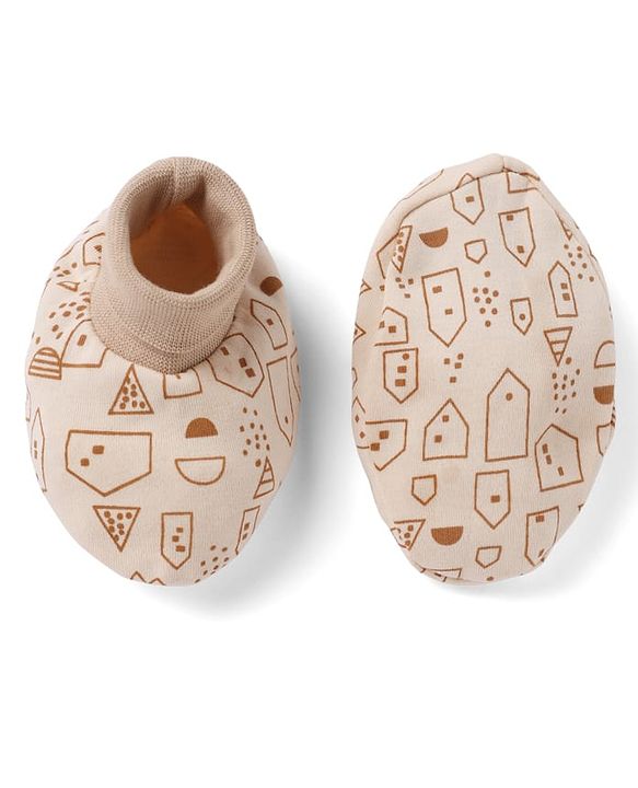 Babyhug 100% Cotton Interlock Knit Cap, Mittens & Booties with Abstract Print Beige - Diameter 14.5 cm