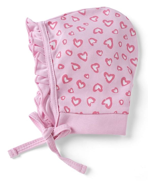 Babyhug 100% Cotton Interlock Knit Cap With Heart Print Pack of 2 Pink - Diameter 11 cm