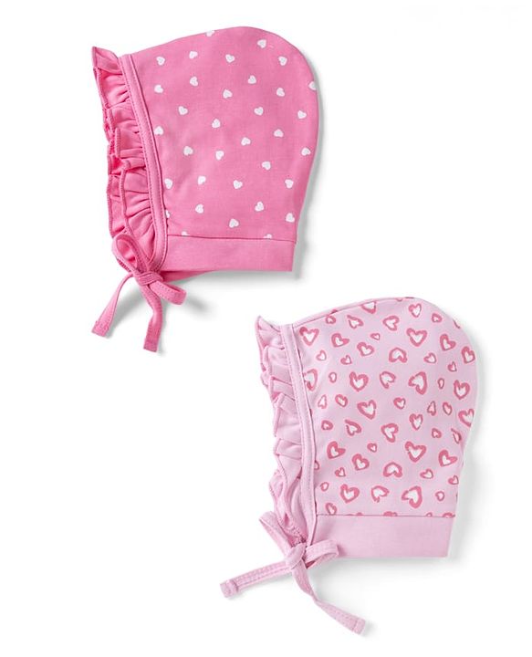 Babyhug 100% Cotton Interlock Knit Cap With Heart Print Pack of 2 Pink - Diameter 11 cm