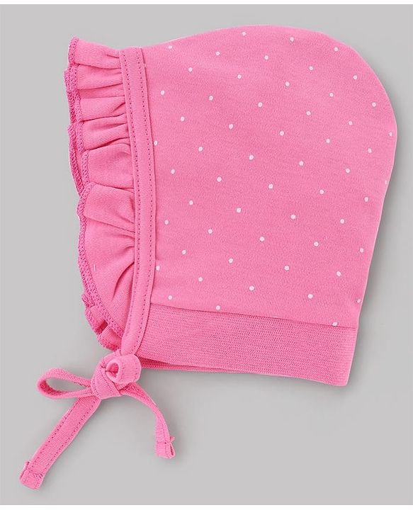 Babyhug 100% Cotton Interlock Knit Caps With Floral & Polka Dot Print Pack of 2 White & Pink - Diameter 10 cm