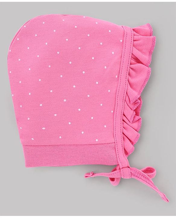 Babyhug 100% Cotton Interlock Knit Caps With Floral & Polka Dot Print Pack of 2 White & Pink - Diameter 10 cm