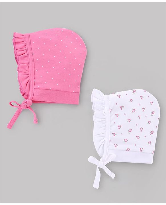 Babyhug 100% Cotton Interlock Knit Caps With Floral & Polka Dot Print Pack of 2 White & Pink - Diameter 10 cm