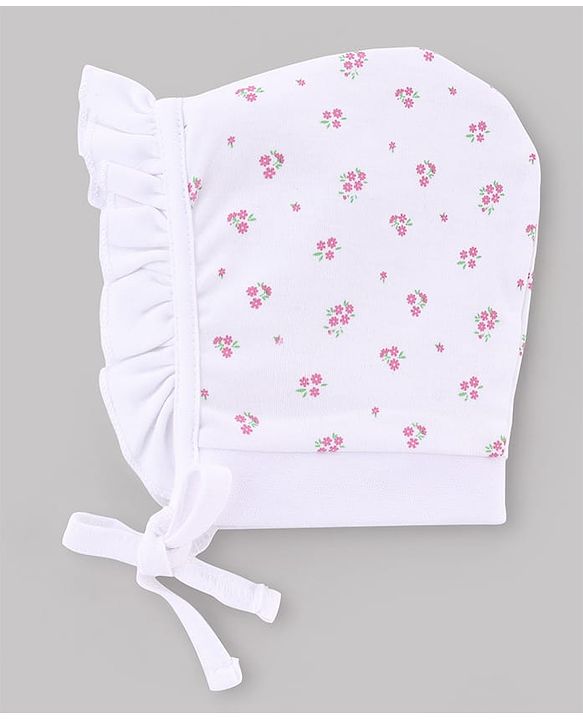 Babyhug 100% Cotton Interlock Knit Caps With Floral & Polka Dot Print Pack of 2 White & Pink - Diameter 10 cm