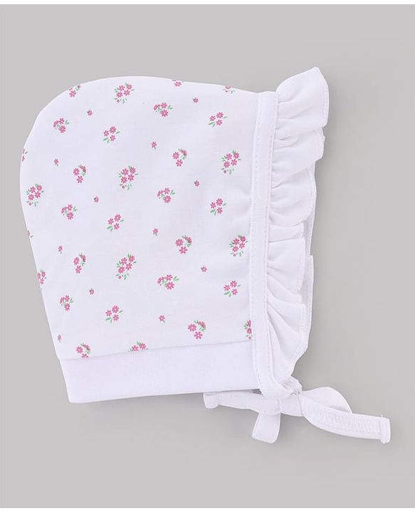 Babyhug 100% Cotton Interlock Knit Caps With Floral & Polka Dot Print Pack of 2 White & Pink - Diameter 10 cm