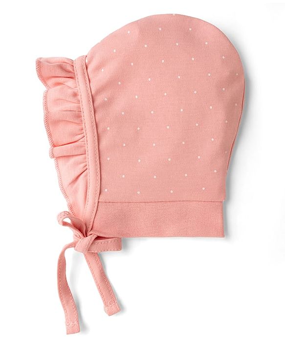 Babyhug 100% Cotton Interlock Kit Caps With Floral & Polka Dot Print Pack of 2 Pink & Beige - Diameter 12 cm