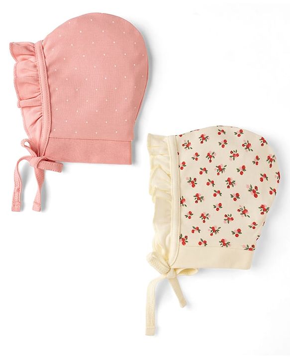 Babyhug 100% Cotton Interlock Kit Caps With Floral & Polka Dot Print Pack of 2 Pink & Beige - Diameter 12 cm