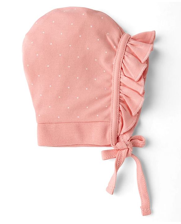Babyhug 100% Cotton Interlock Kit Caps With Floral & Polka Dot Print Pack of 2 Pink & Beige - Diameter 12 cm