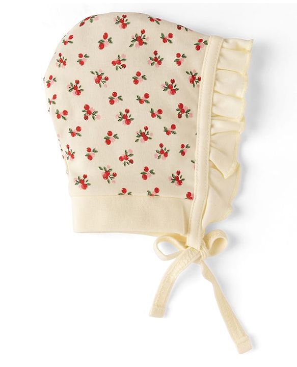 Babyhug 100% Cotton Interlock Kit Caps With Floral & Polka Dot Print Pack of 2 Pink & Beige - Diameter 12 cm