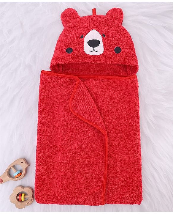 Babyhug Cotton Knit Microfiber Hooded Towel With Bear Embroidery L 74 x B 74 cm - Red