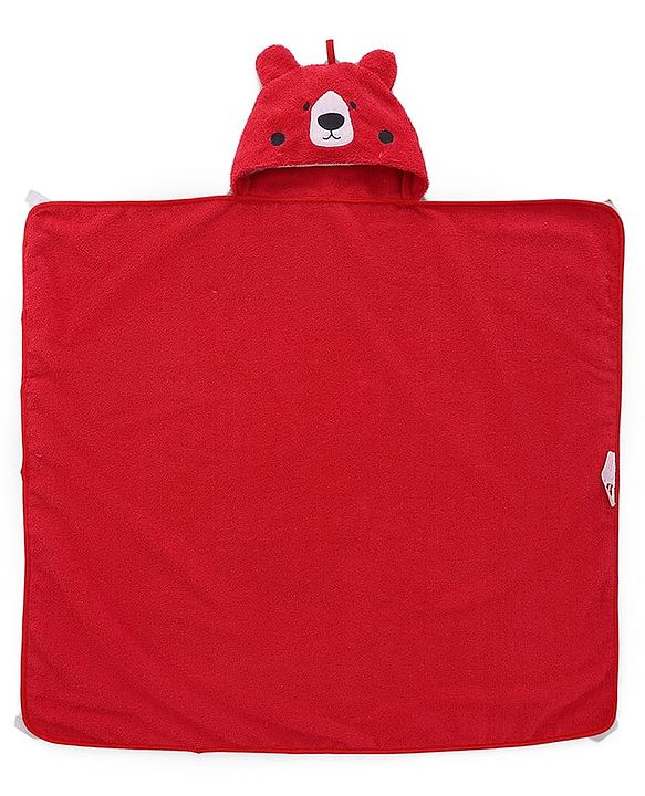 Babyhug Cotton Knit Microfiber Hooded Towel With Bear Embroidery L 74 x B 74 cm - Red