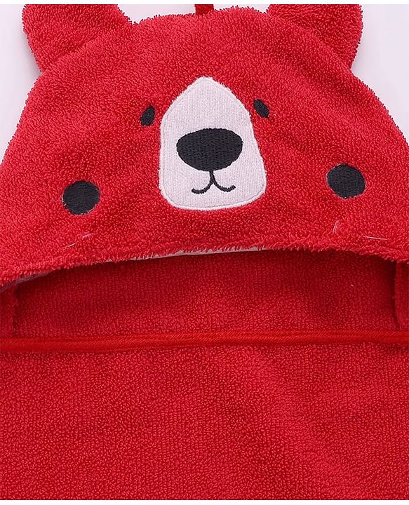 Babyhug Cotton Knit Microfiber Hooded Towel With Bear Embroidery L 74 x B 74 cm - Red