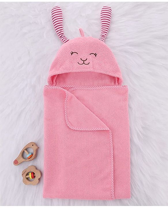 Babyhug Cotton Knit Microfiber Hooded Towel With Bear Embroidery L 76 X B 76 cm - Pink