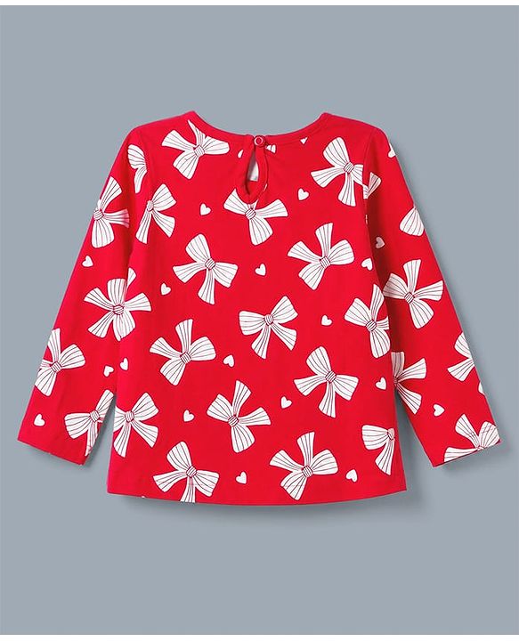 Babyhug 100% Cotton Knit T-Shirts with Full Sleeves and Bows, Hearts & Cherry Print Pack of 3 in Red, White & Navy Blue