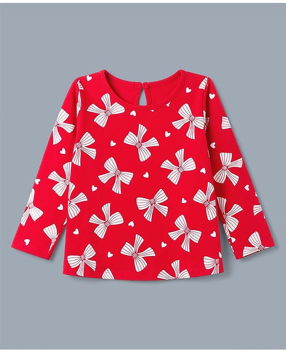 Babyhug 100% Cotton Knit T-Shirts with Full Sleeves and Bows, Hearts & Cherry Print Pack of 3 in Red, White & Navy Blue